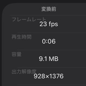アプリの動画の情報画面のうち「変換前」の列。フレームレート 23 fps、再生時間 0:06、容量 9.1 MB、出力解像度 928×1376