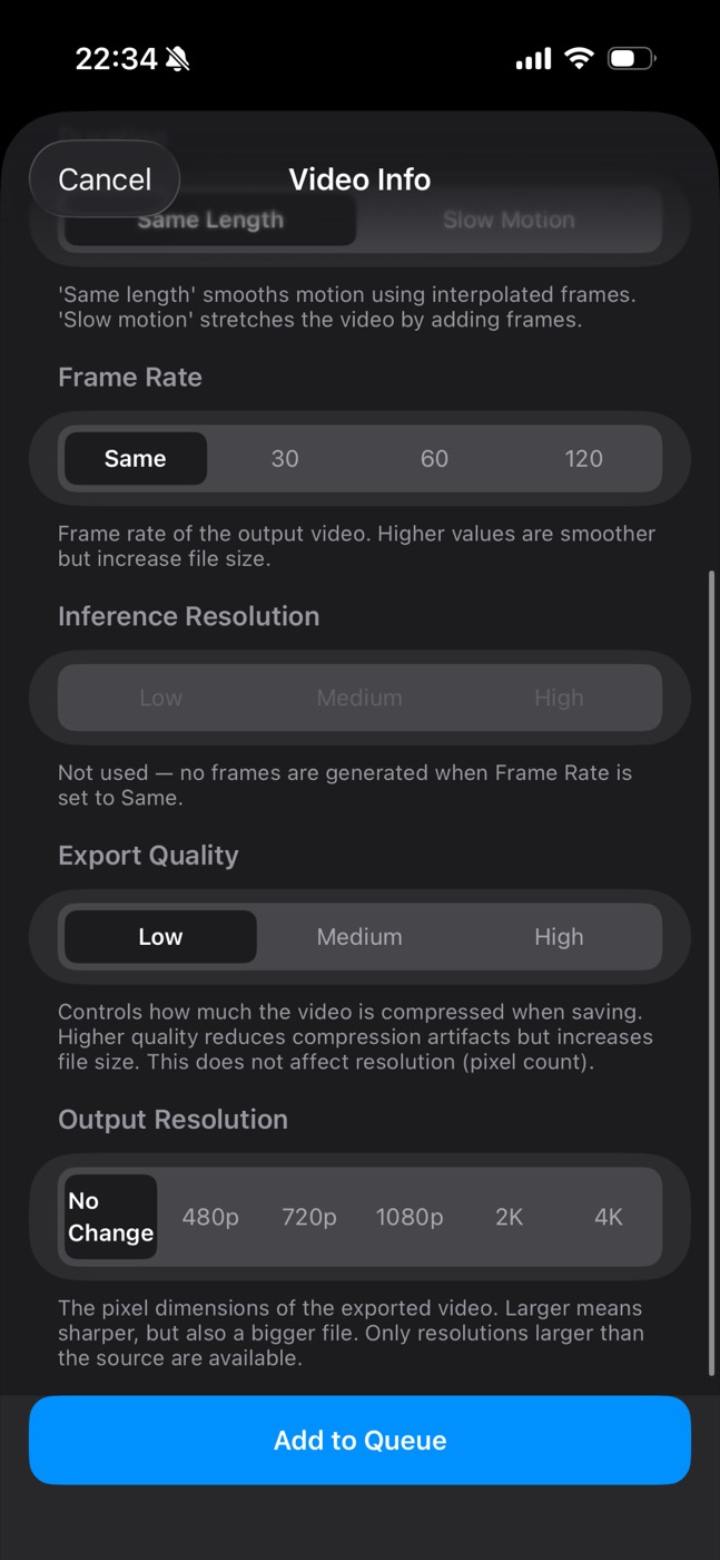 Frame Rate, Export Quality and Output Resolution settings