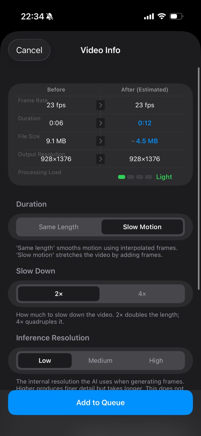 Slow Motion selected with 2×: the estimated duration goes from 0:06 to 0:12